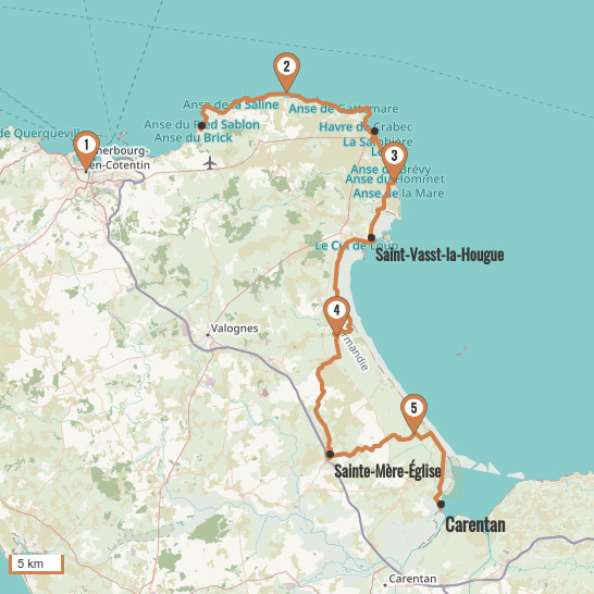 Carte du voyage De Cherbourg à Carentan - Tour du Cotentin