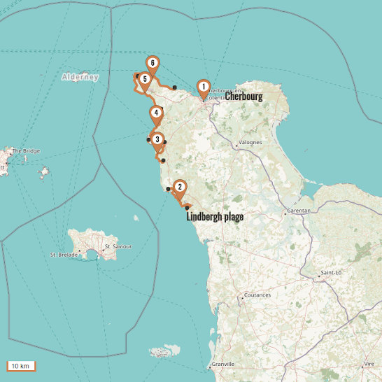 Carte du voyage De Lindbergh à Cherbourg - Tour du Cotentin