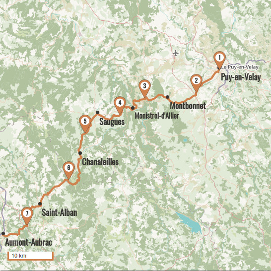 Carte du voyage Du Puy en Velay à Aumont-Aubrac 7j / 6n - Via Podiensis