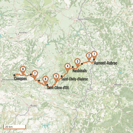 Carte du voyage D'Aumont-Aubrac à Conques 8j/7n - Via Podiensis