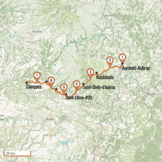 Carte du voyage D'Aumont-Aubrac à Conques 7j / 6n - Via Podiensis