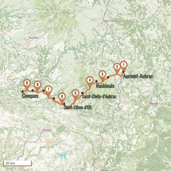 Carte du voyage D'Aumont-Aubrac à Conques 9j / 8n - Via Podiensis