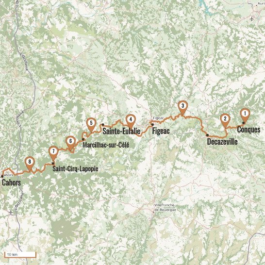 Carte du voyage De Conques à Cahors par la vallée du Célé - Via Podiensis