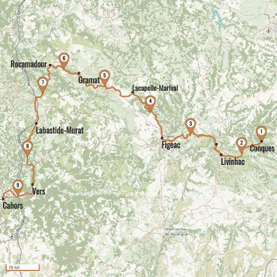 Carte du voyage De Conques à Cahors par Rocamadour - Via Podiensis