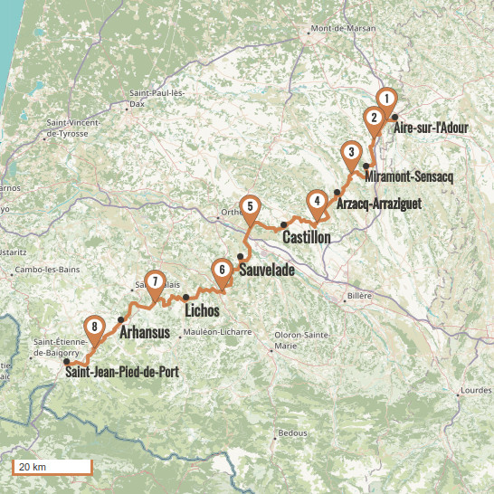 Carte du voyage D'Aire-sur-l'Adour à Saint-Jean-Pied-de-Port  - Via Podiensis
