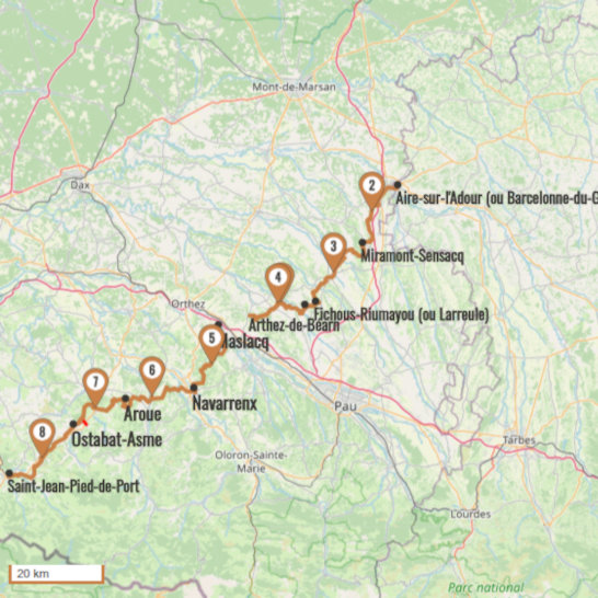 Carte du voyage D'Aire-sur-l'Adour à Saint-Jean-Pied-de-Port  - Via Podiensis