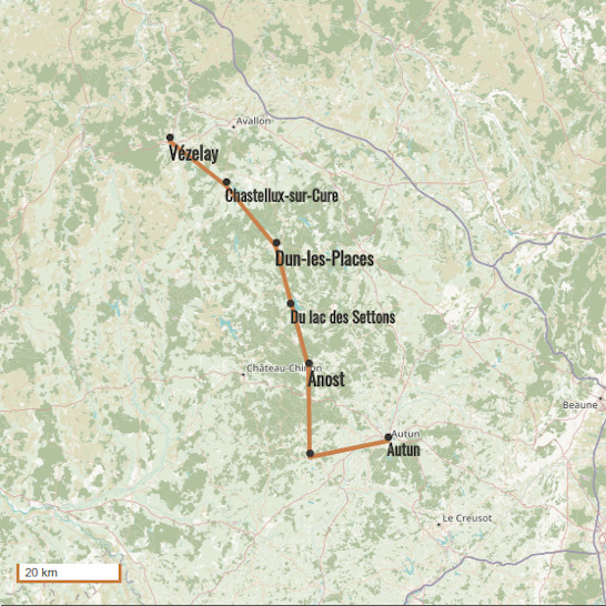 Carte du voyage De Vézelay à Autun - Vezelay Cluny