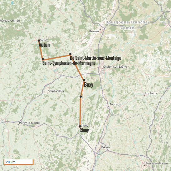 Carte du voyage D'Autun à Cluny - Vezelay Cluny