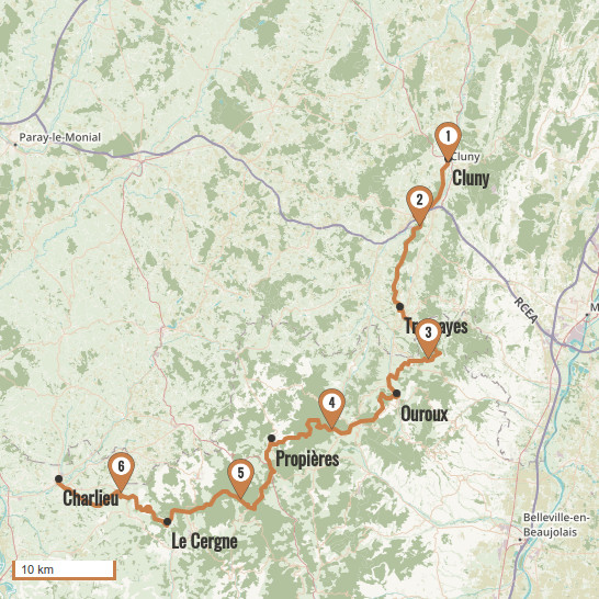 Carte du voyage De Cluny à Charlieu  - Vezelay Cluny