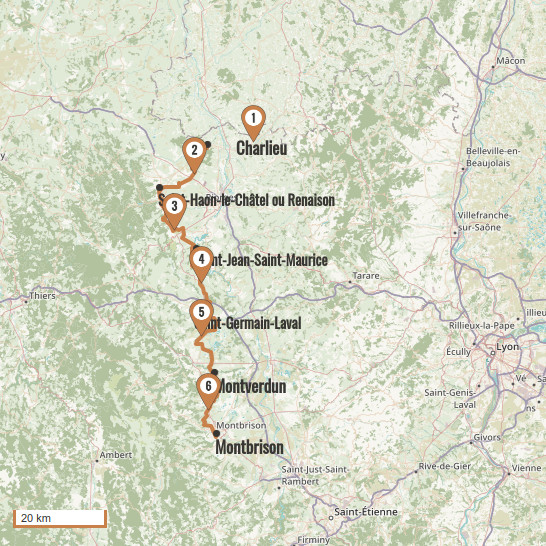 Carte du voyage De Charlieu à Montbrison - Vezelay Cluny