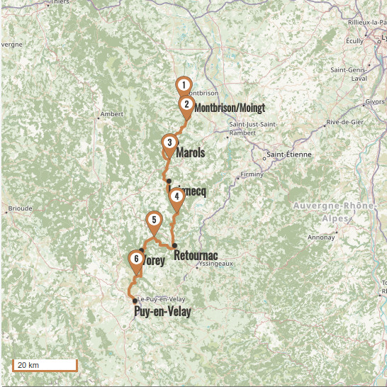 Carte du voyage De Montbrison au Puy en Velay - Vezelay Cluny