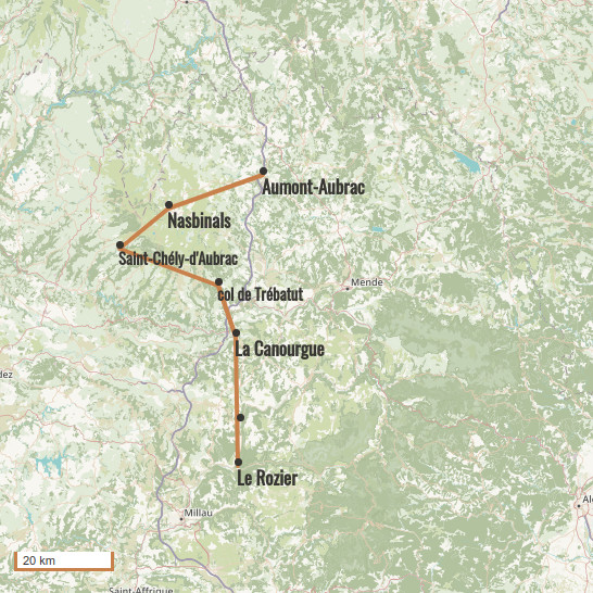 Carte du voyage Chemin de Saint Guilhem : d'Aumont-Aubrac à le Rozier - Massif central
