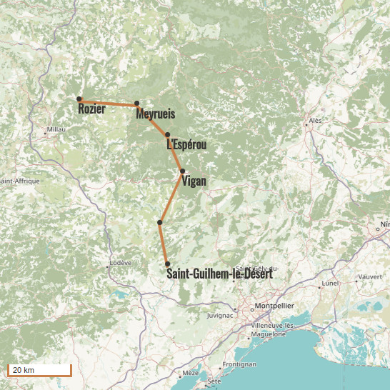 Carte du voyage Chemin de Saint Guilhem : de Le Rozier à Saint-Guilhem-le-désert - Massif central
