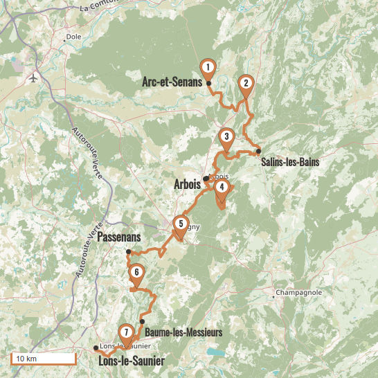 Carte du voyage L'échappée jurassienne, d'Arc-et-Senans à Lons-le-Saunier  - Jura