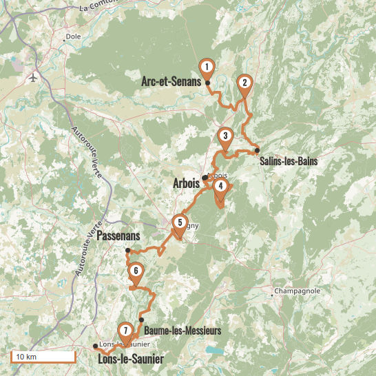 Carte du voyage L'échappée jurassienne, d'Arc-et-Senans à Lons-le-Saunier - Jura