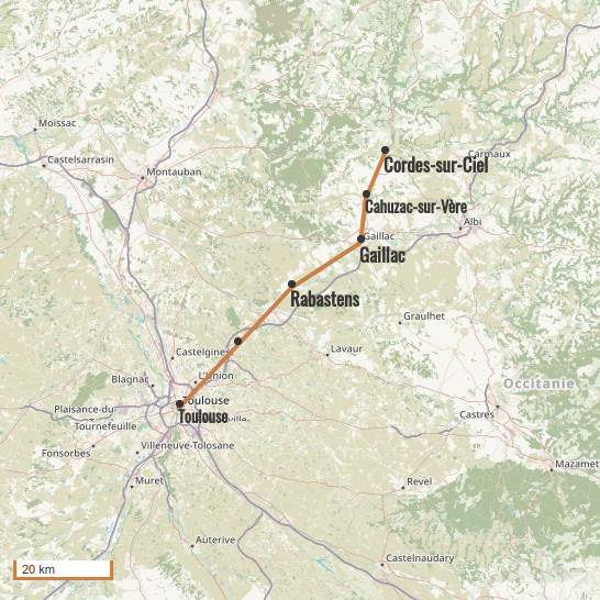Carte du voyage De Cordes-sur-Ciel à Toulouse  - Conques Toulouse