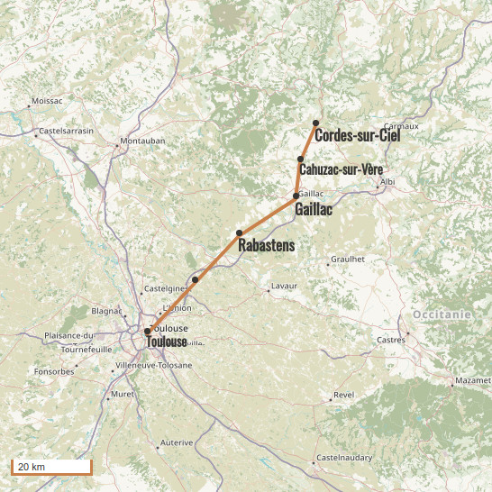 Carte du voyage De Cordes-sur-Ciel à Toulouse - Conques Toulouse