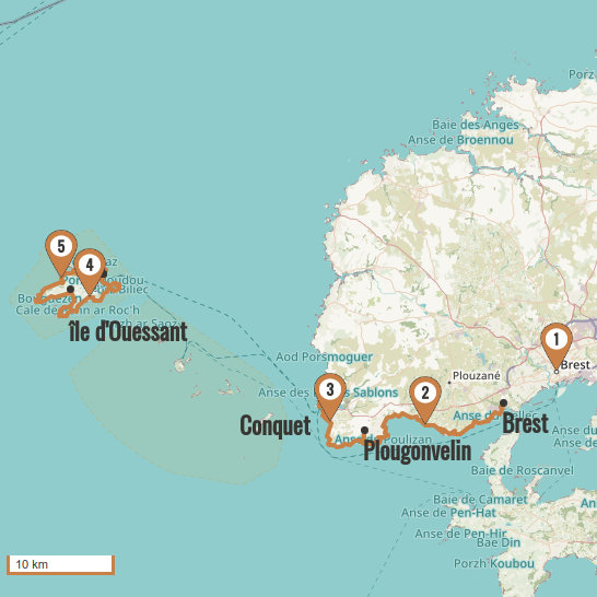 Carte du voyage 3 - Côte d'Iroise : de Brest à Conquet via île d'Ouessant - Tour de la Bretagne