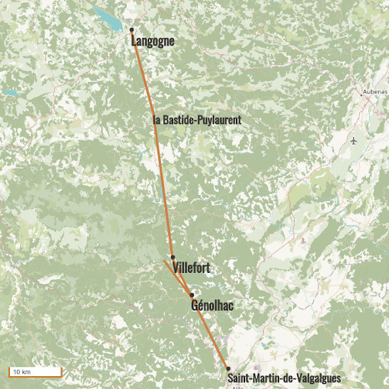 Carte du voyage Le chemin de Régordane : de Langogne à Saint Martin de Valgagues - Massif central