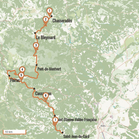 Carte du voyage Chemin de Stevenson : de Chasseradès à Saint-Jean-du-Gard - GR70 : Stevenson