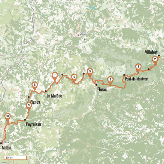 Carte du voyage Sentier de la vallée du Tarn, des sources à Millau - Massif central