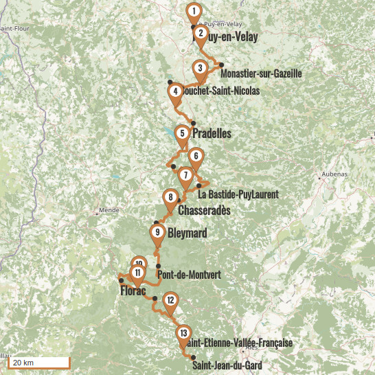 Carte du voyage Chemin de Stevenson : du Puy-en-Velay à Saint-Jean-du-Gard - GR70 : Stevenson