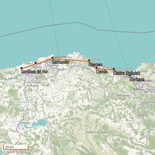 Carte du voyage De Bilbao à Santillana de Mar - Camino del Norte