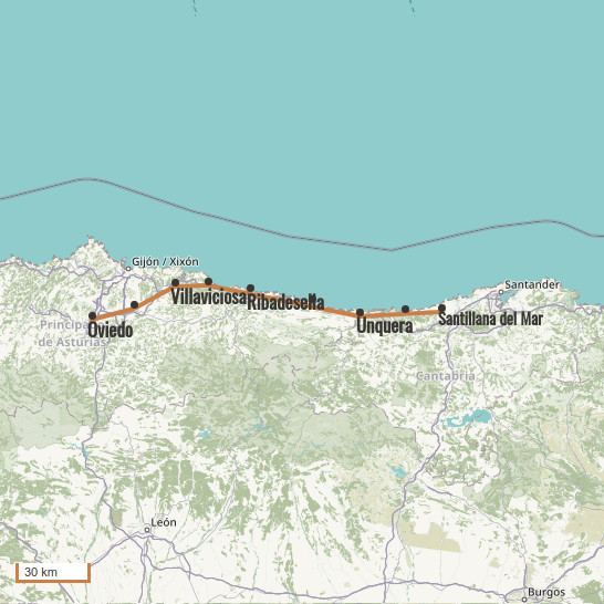 Carte du voyage De Santillana de Mar à Oviedo - Camino del Norte