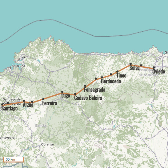 Carte du voyage D'Oviedo à Santiago par le Camino Primitivo - Camino del Norte