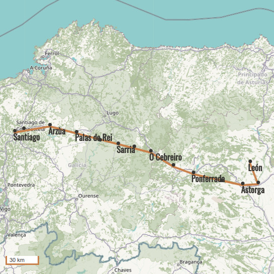 Carte du voyage De León à Santiago - Camino Francés