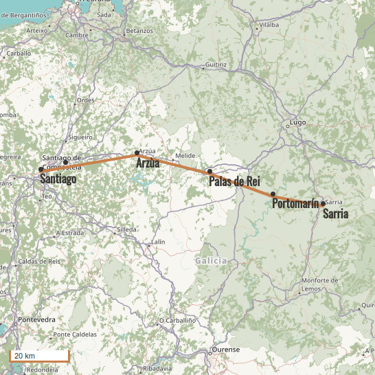 Carte du voyage De Sarria à Santiago 6j / 5n - Camino Francés