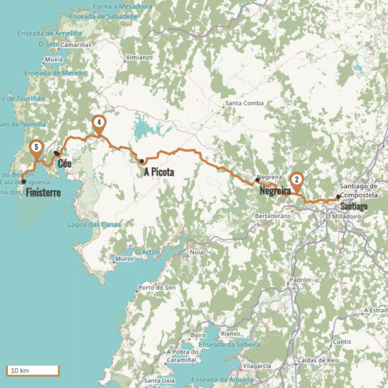 Carte du voyage De Santiago à Finisterre - Camino Francés