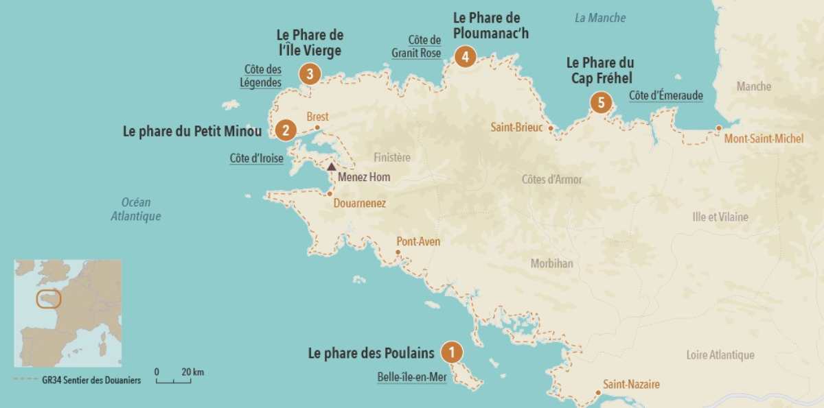 Carte des phares à voir sur le GR34